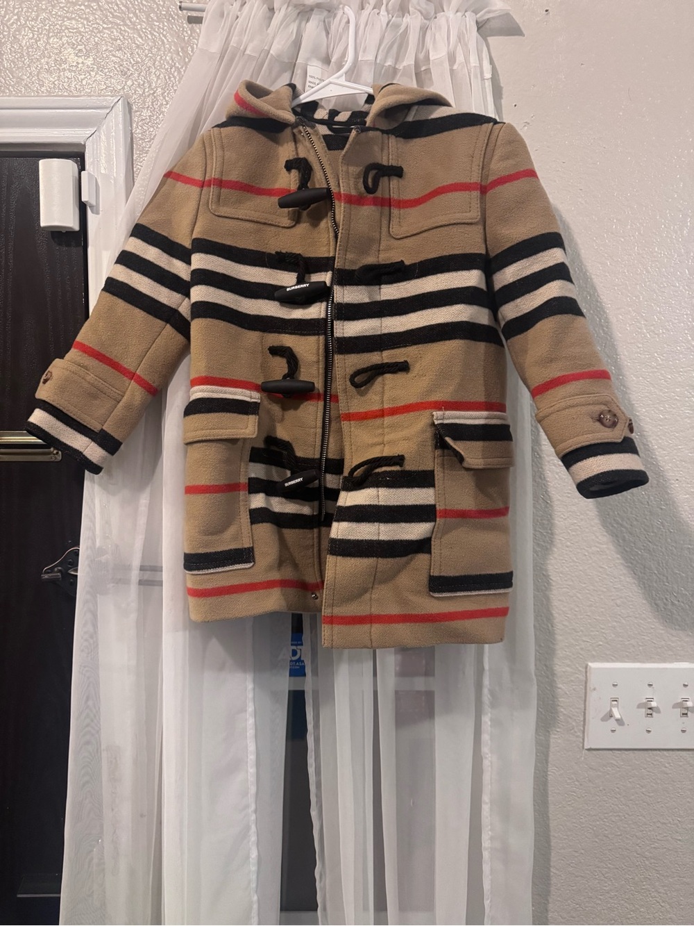 Burberry Beige Striped Kids Hooded Pea Coat
